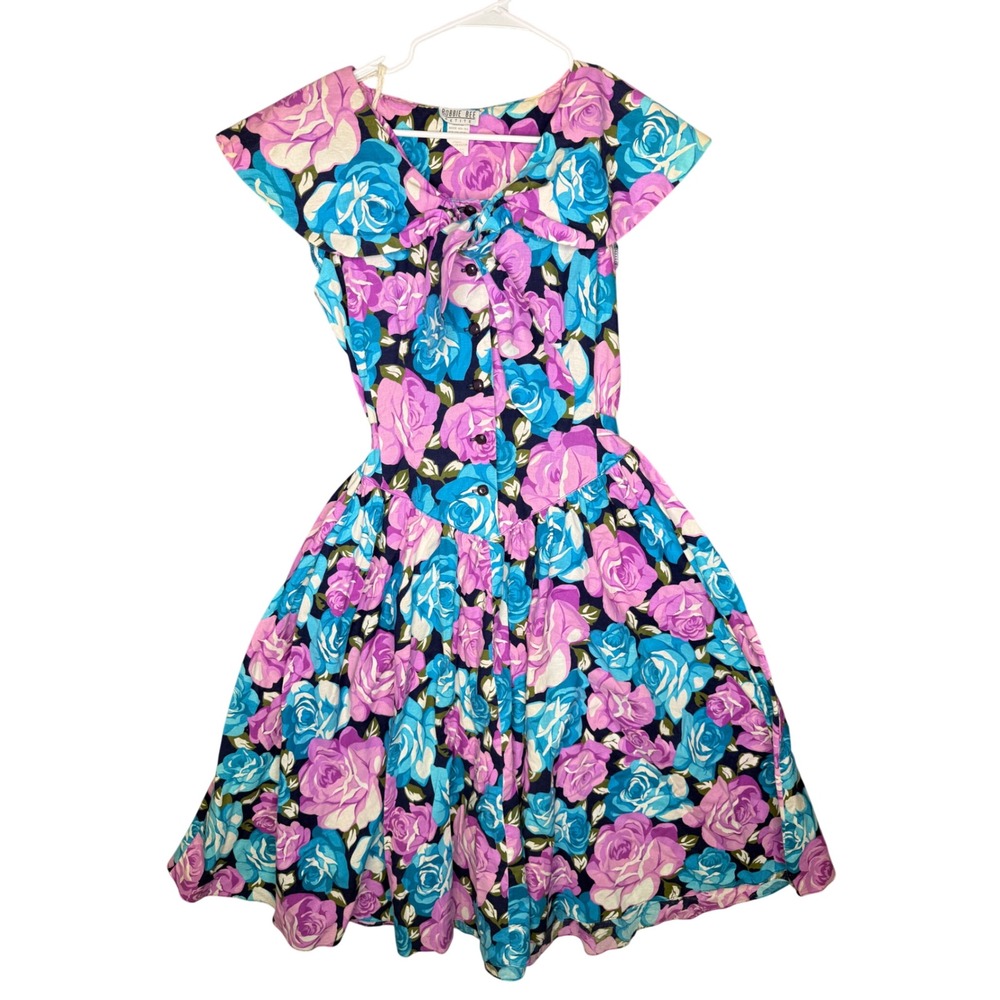 Robbie Bee Petite Vintage Floral Rose Sailor Collar Fit Flare Dress Blue Purple